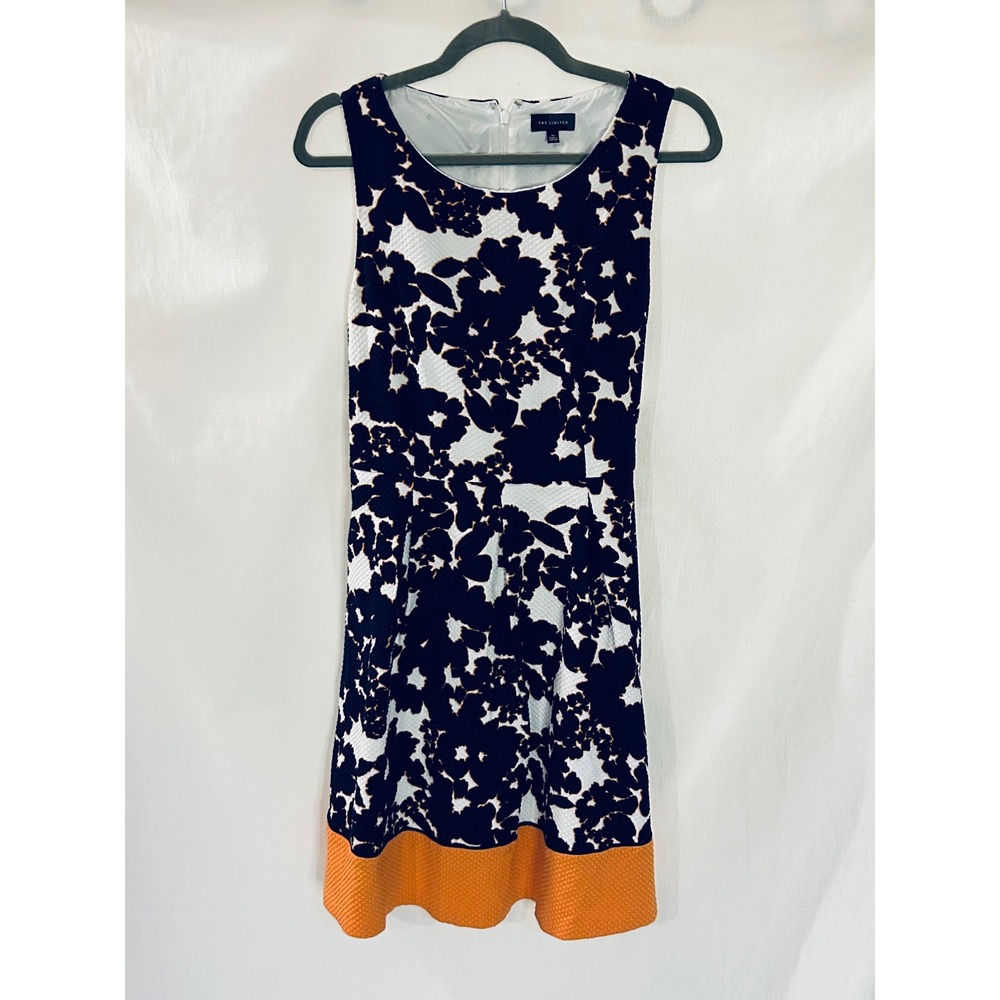 The Limited Floral Pique Fit and Flare Dress Navy White Orange Pockets Size 10